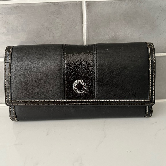 Coach Black Leather Patent Leather Stripe Wallet with Check Book Cover - Picture 1 of 11